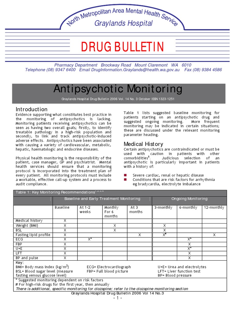 Drug Bulletin: Antipsychotic Monitoring | PDF | Clozapine | Antipsychotic