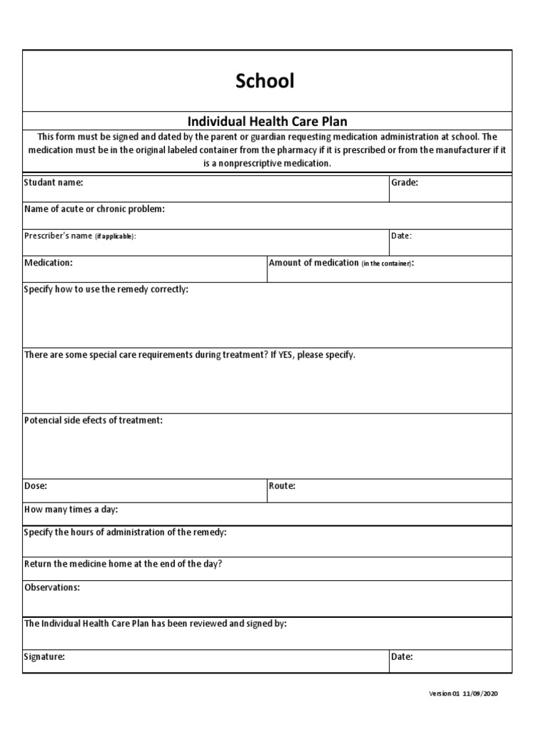 School Individual Health Care Plan | PDF | Dose (Biochemistry) | Chemistry