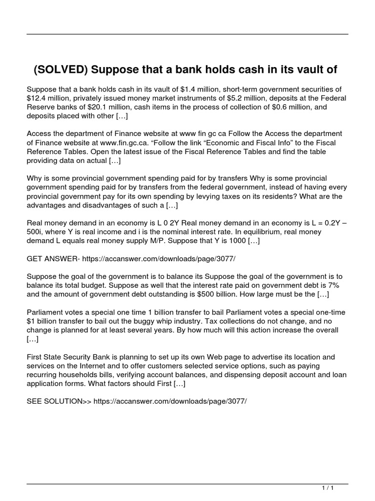 Solved Suppose That A Bank Holds Cash in Its Vault of PDF
