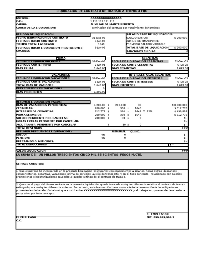Formato para Liquidar Contrato de Trabajo A Termino Fijo | PDF ...