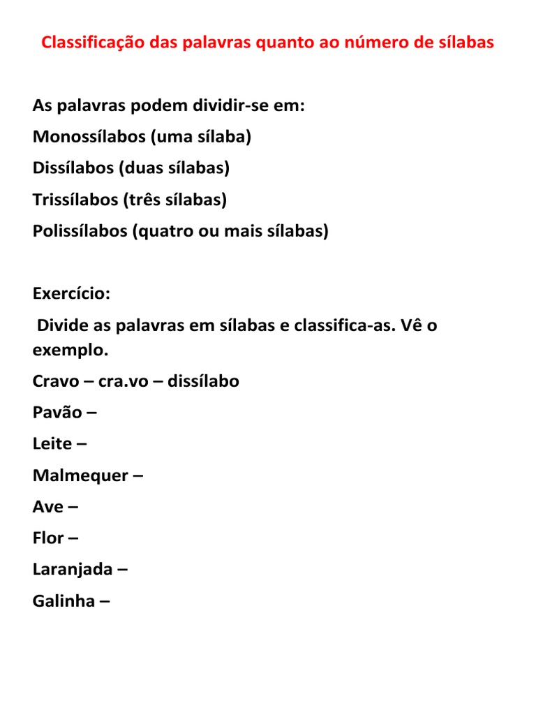 Classificação de Palavras por Sílabas | PDF