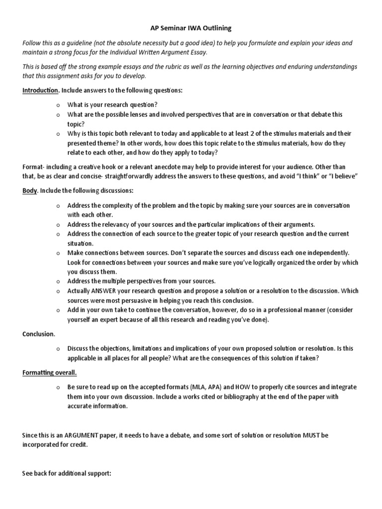 Ap seminar iwa outlining introduction include answers to the
