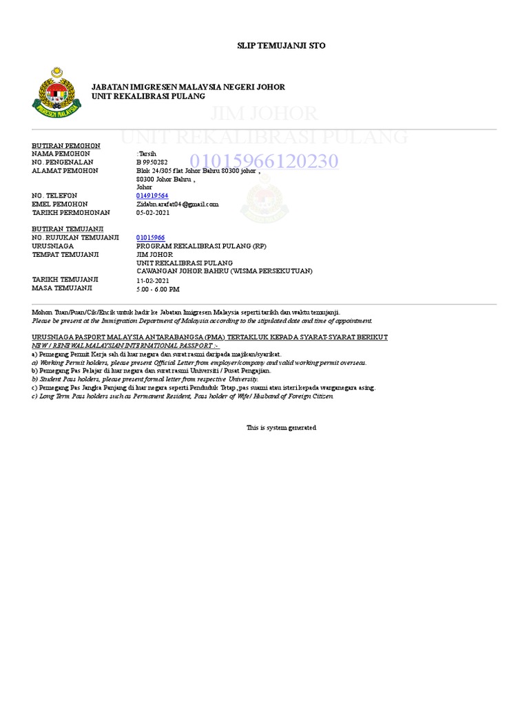 Jabatan Imigresen Malaysia Negeri Johor Unit Rekalibrasi Pulang Pdf