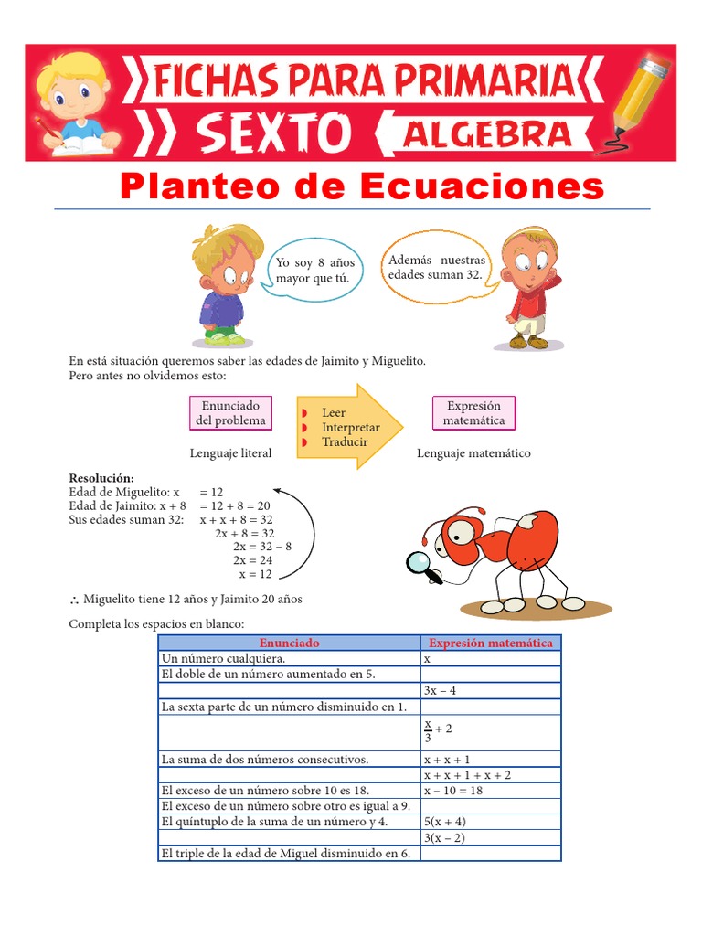 Ejercicios de Planteo de Ecuaciones para Sexto de Primaria | PDF ...