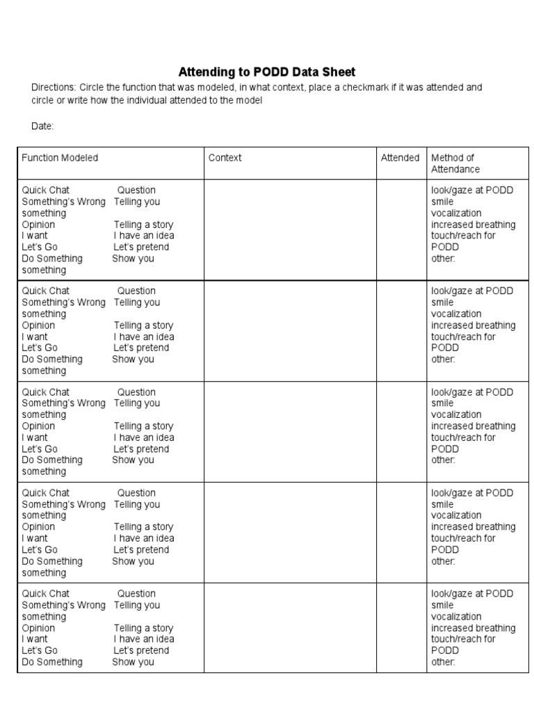 PODD Data Sheet for Speech Therapy | PDF | Communication