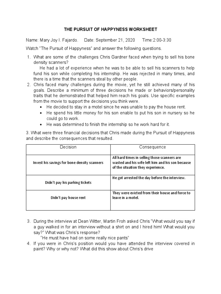 The Pursuit of Happyness Worksheet | PDF | Human Nature | Psychological  Concepts