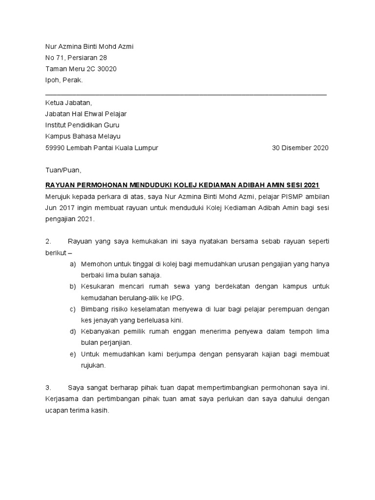 Nur Azmina Binti Mohd Azmi Rayuan Asrama Pdf