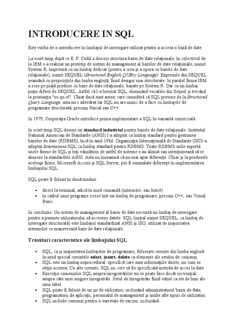 Introducere in SQL | PDF