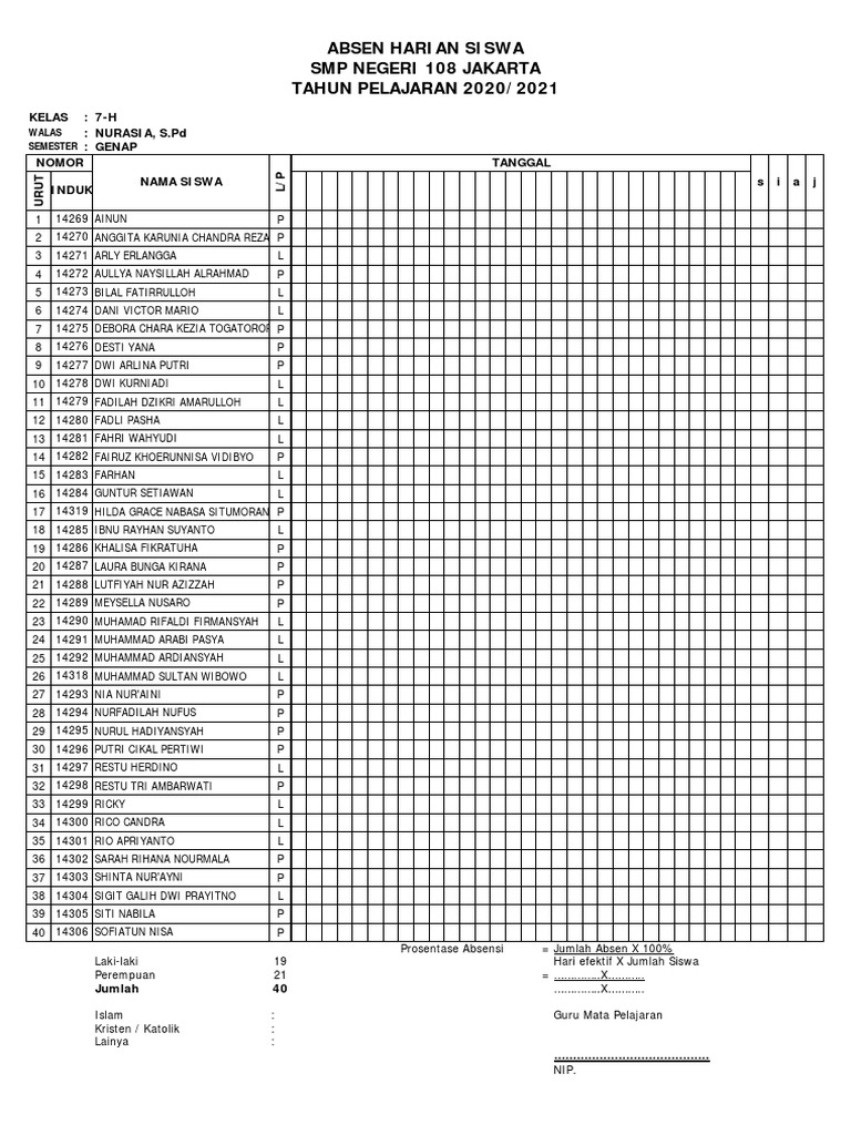Absen Harian Siswa Kelas 7-H | PDF