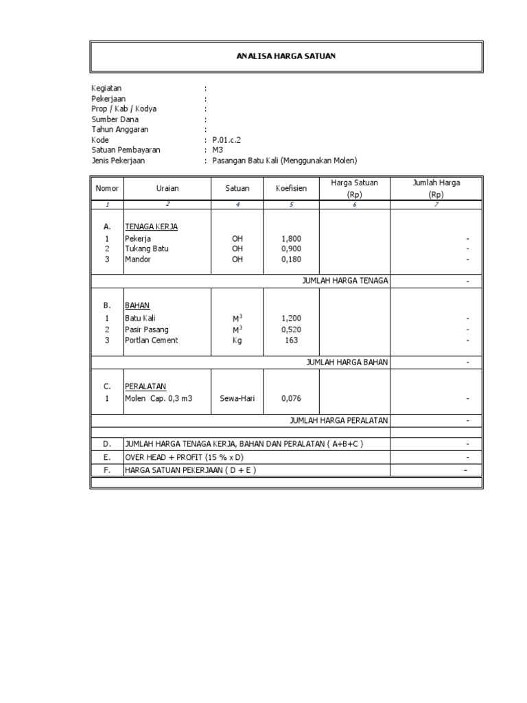 Analisa Pasangan Batu (Menggunakan Molen) | PDF