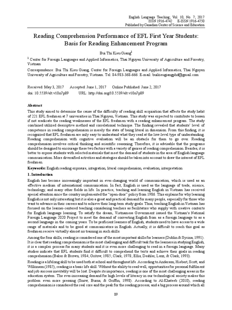 Reading Comprehension Performance of EFL First Yea | PDF | Reading ...