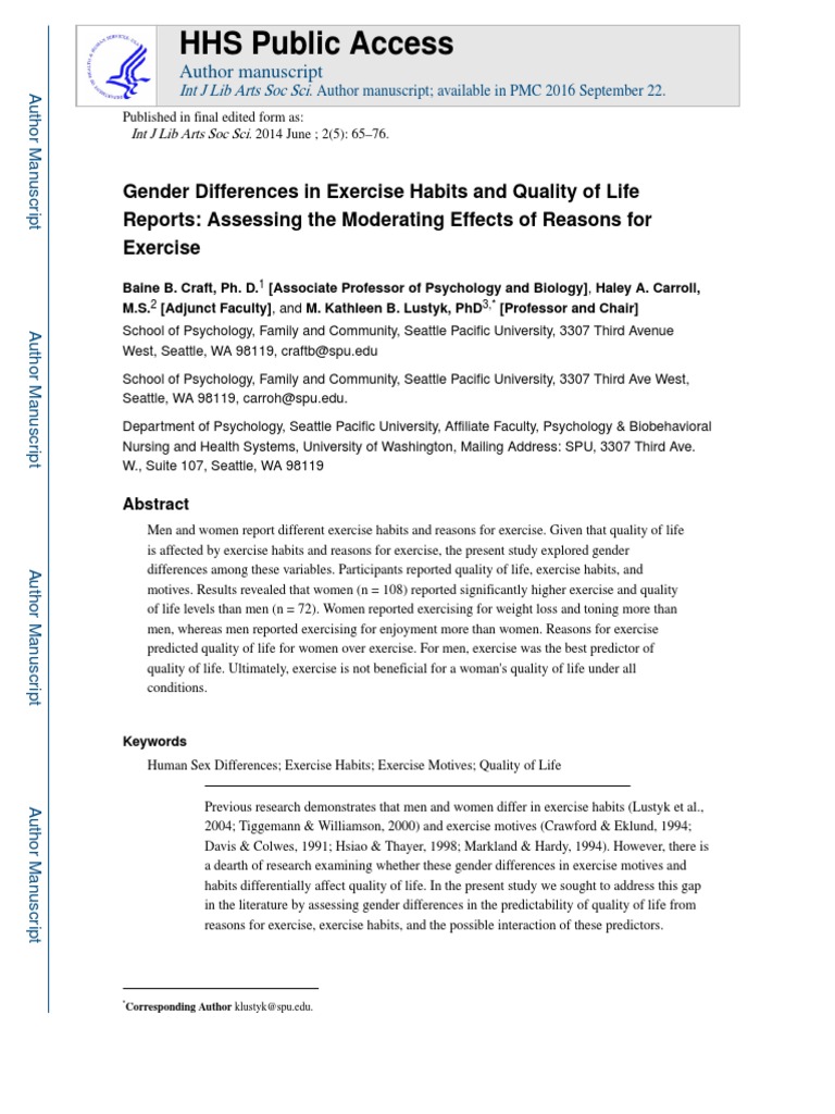 Gender Differences in Exercise Habits and Quality of Life Reports
