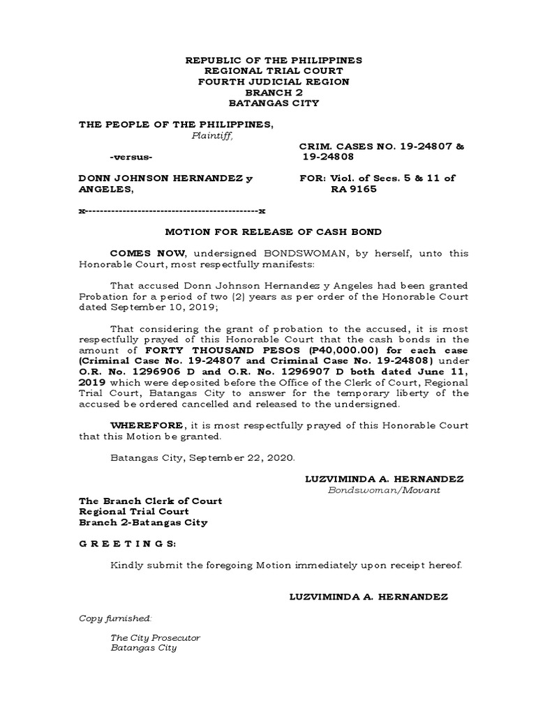 Motion To Release Cash BondProbation Granted Branch 2 PDF
