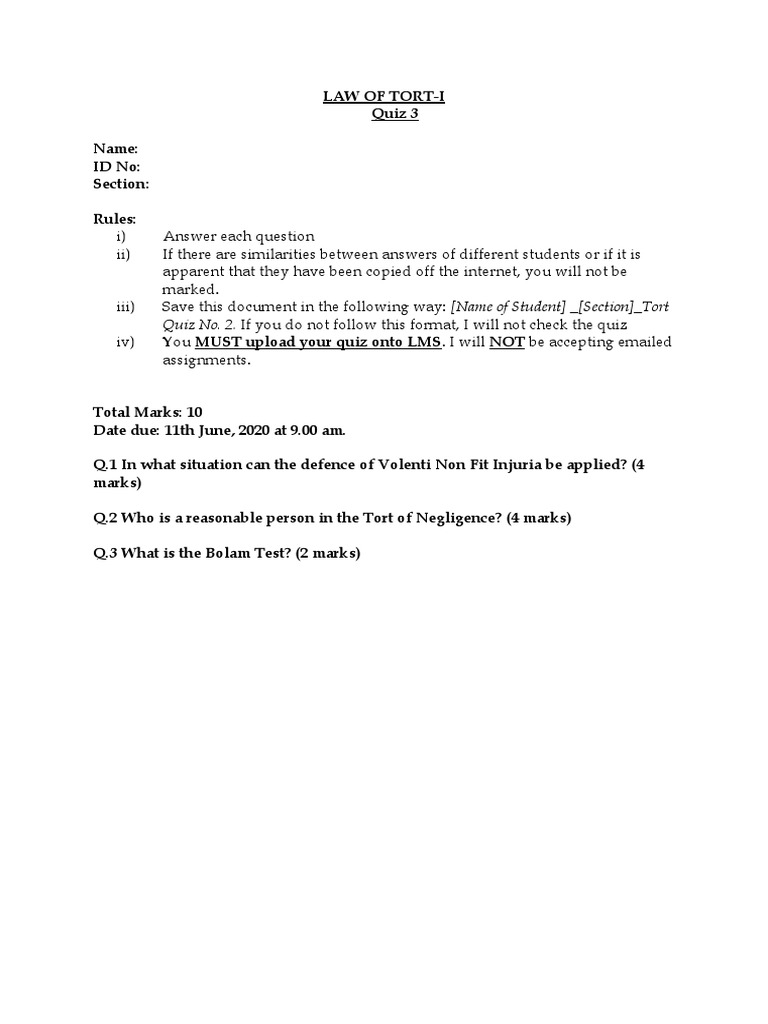 Law Of Tort Quiz 3 Pdf
