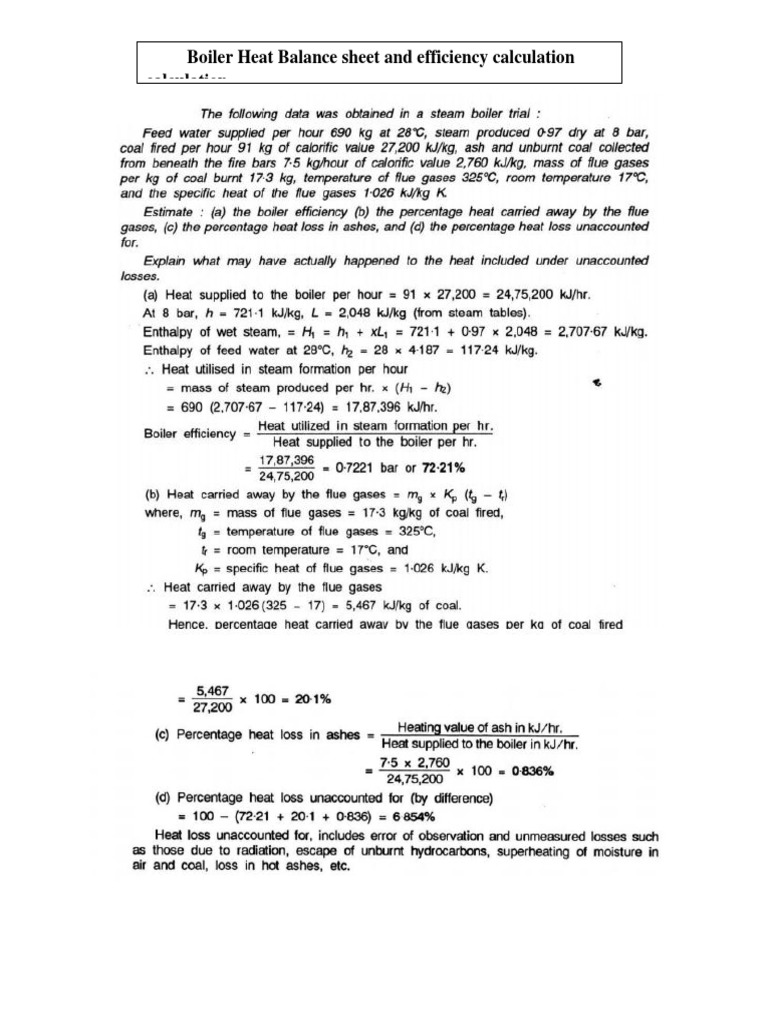 Boiler Heat Balance Sheet and Efficiency Calculation Calculation PDF