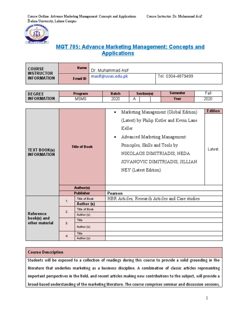 Advance Marketing Management Course Outline | PDF | Marketing | Test ...