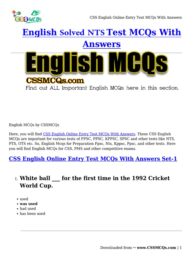 Important NTS Solved English MCQs With Answers SET-1 | PDF