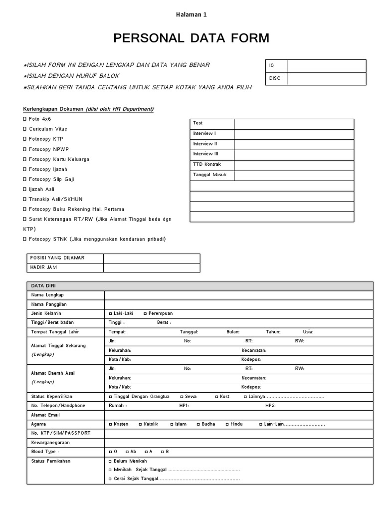 Formulir Data Pribadi Pelamar Kerja | PDF