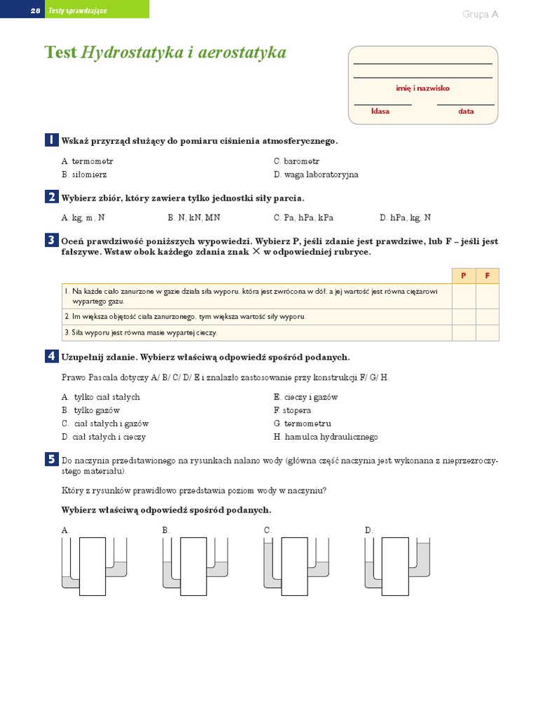 Sprawdzian Hydrostatyka I Aerostatyka Klasa 7 Test Sprawdzajacy 3 Hydrostatyka I Aerostatyka G 2 | PDF