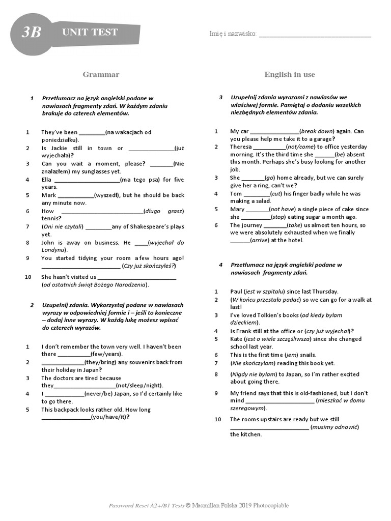 Password Reset A2+ B1 Sprawdziany
