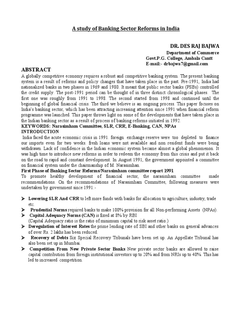 Banking Sector Reforms in India | PDF | Reserve Bank Of India | Online ...