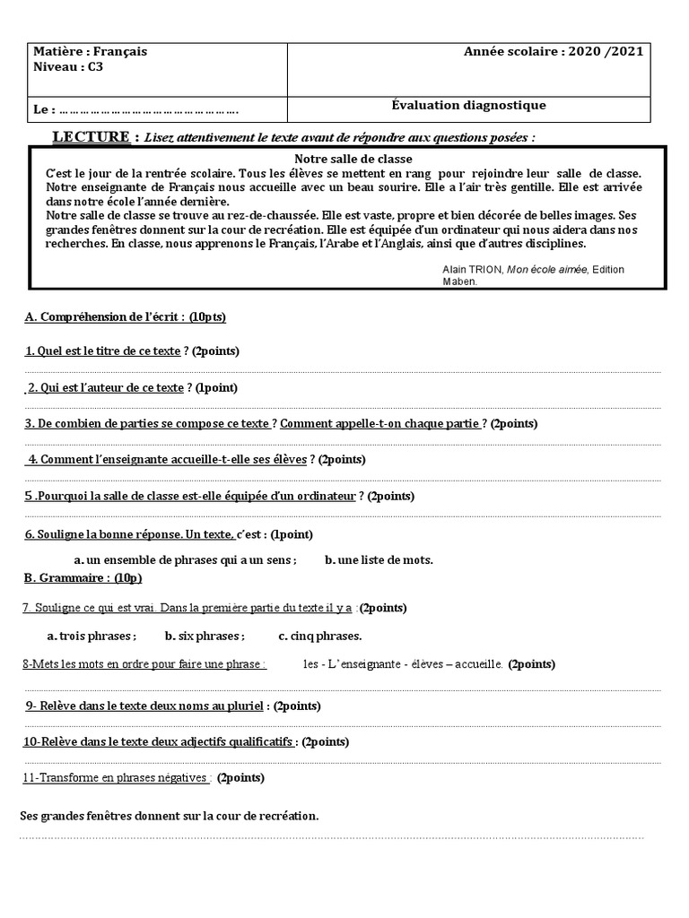 Évaluation diagnostique de français C3 | PDF | Syntaxe | Mécanique du ...