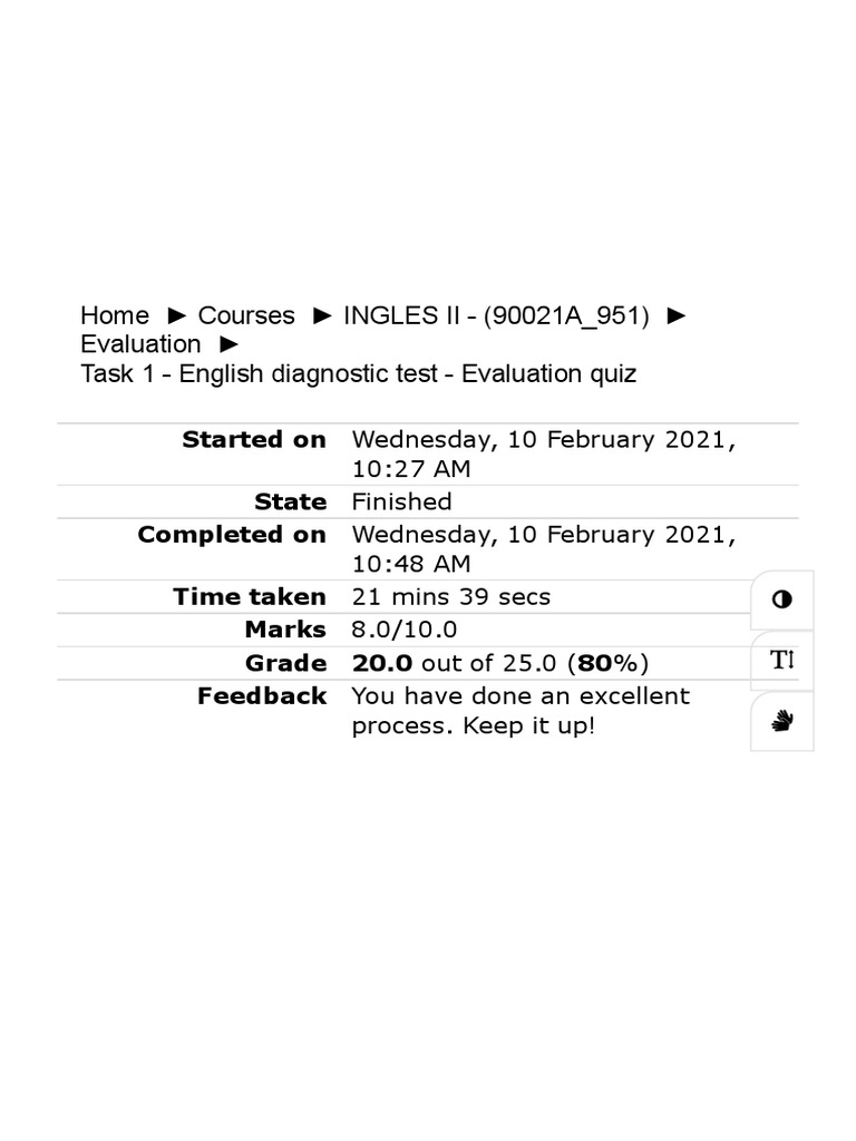 Task 1 English Diagnostic Test Evaluation Quiz PDF Cognition