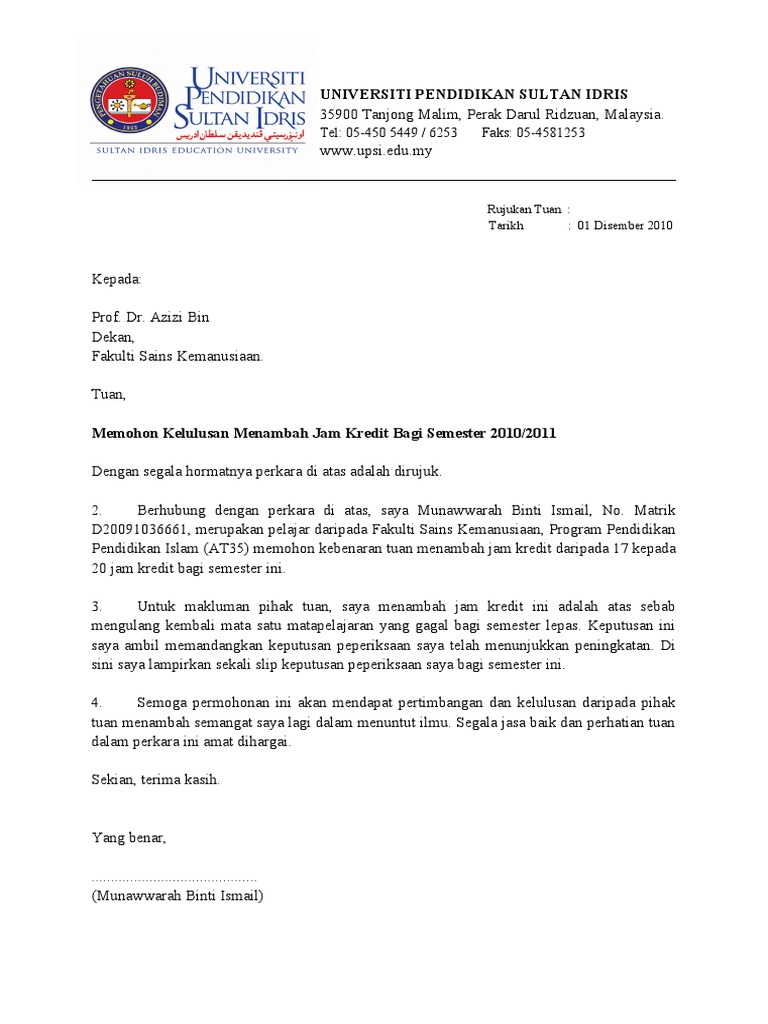 Contoh Surat Penambahan Jam Kredit