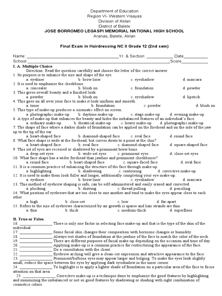 Final Exam in Hairdressing NC II Grade 12 (2nd Sem) PDF Eyebrow
