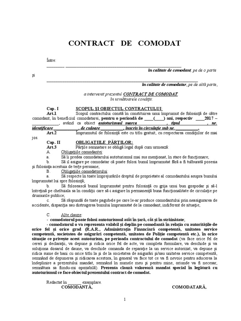 Model Contract de Comodat Auto Semnatura Privata | PDF