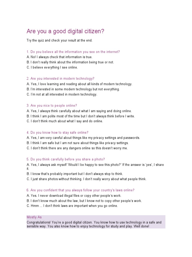 Digital Citizenship Quiz & Tips | PDF | Privacy | Internet