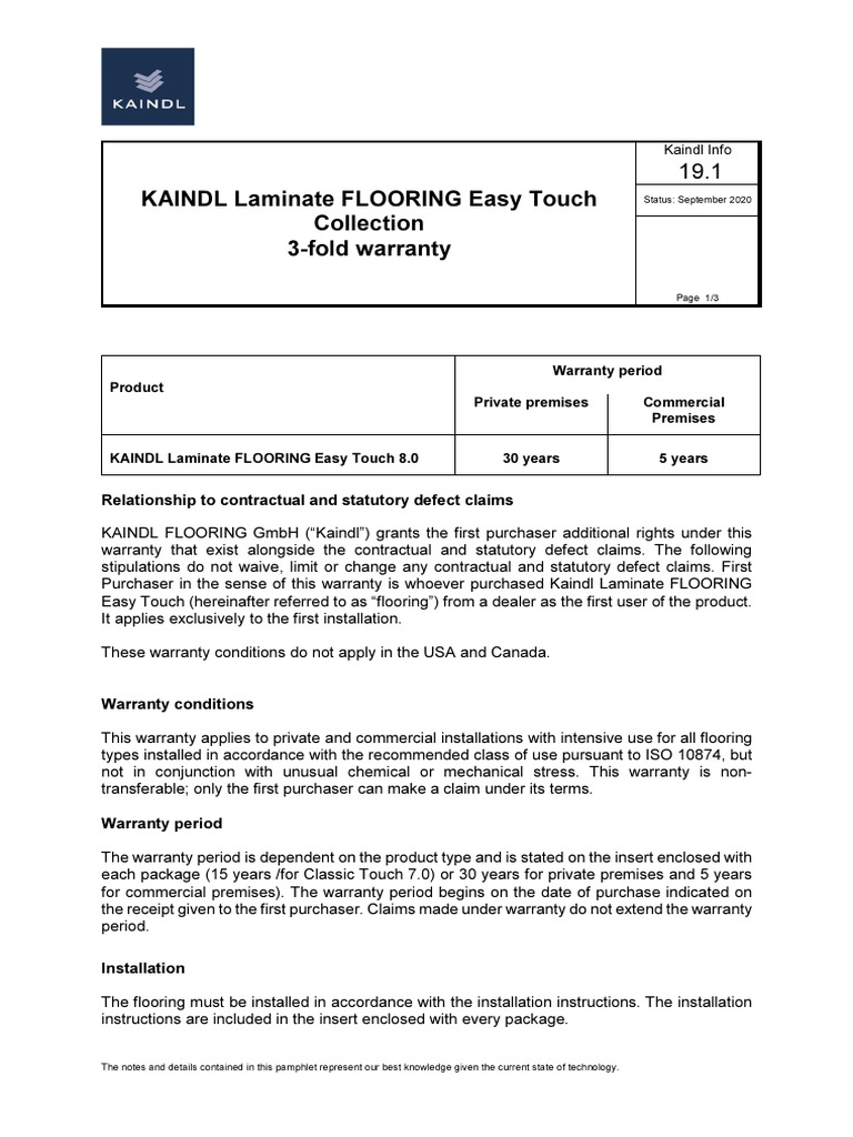 KAINDL Laminate FLOORING Easy Touch Collection 3Fold Warranty 19.1