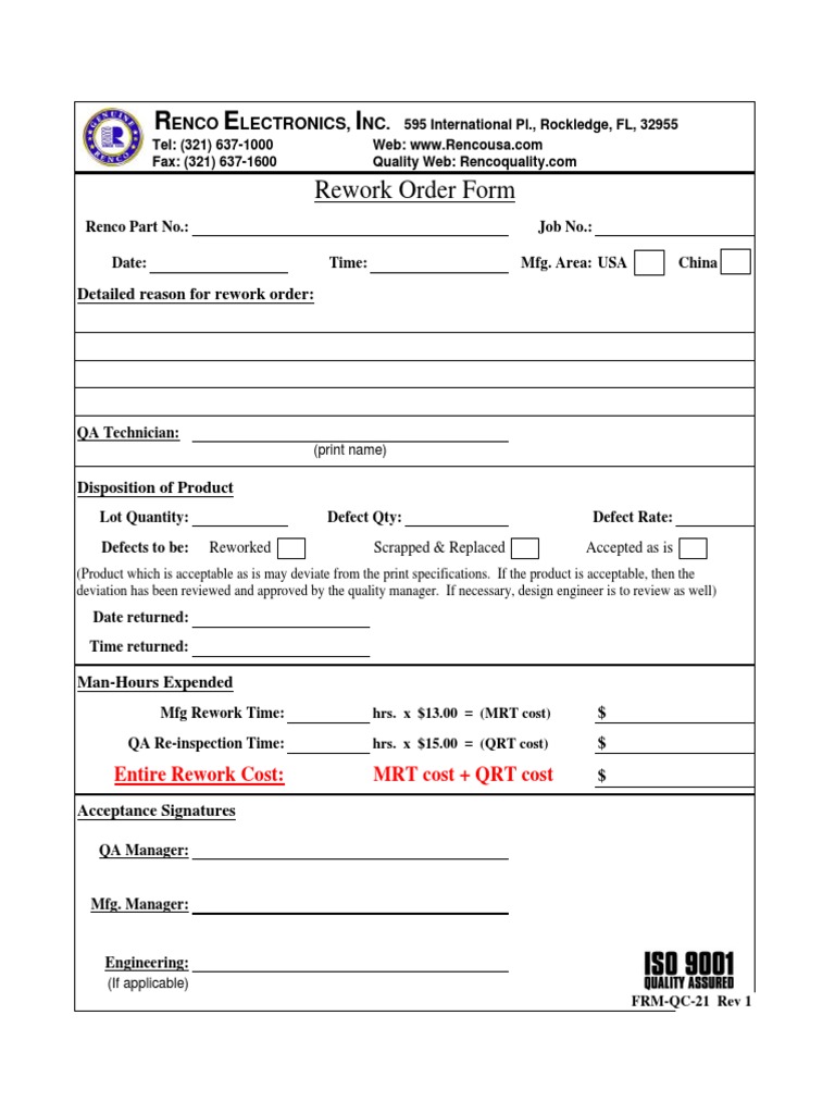 Rework Order Form: Enco Lectronics, NC | PDF