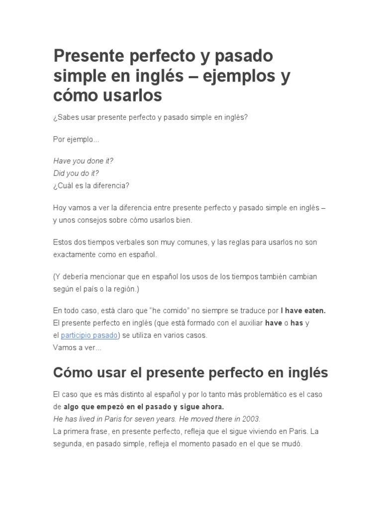 Presente Perfecto vs Pasado Simple en Inglés | PDF | Unidades ...