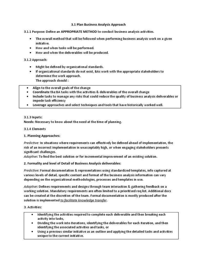 Plan Business Analysis Approach Example