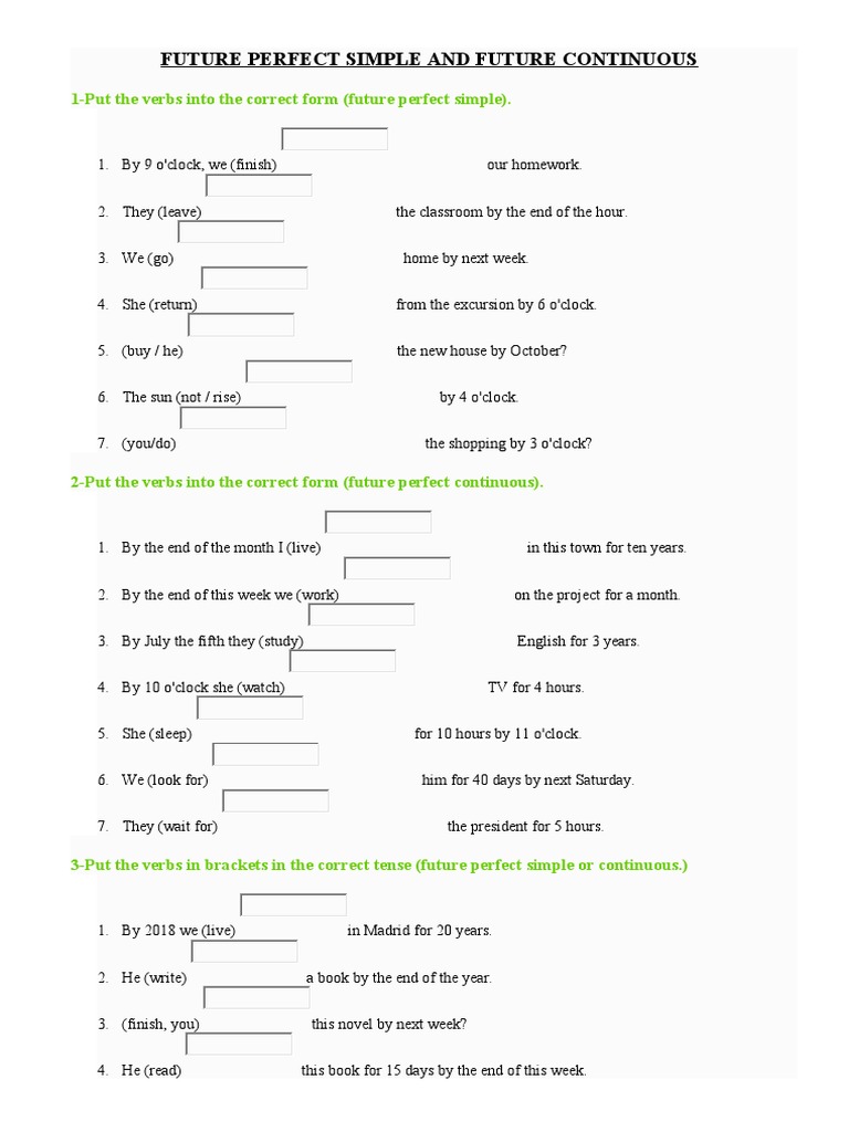 Future Perfect Simple and Continuous Exercises | PDF | Languages ...