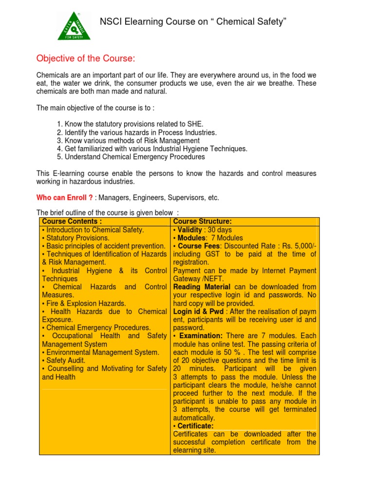 NSCI Chemical Safety E-Learning Course | PDF | Occupational Hygiene ...