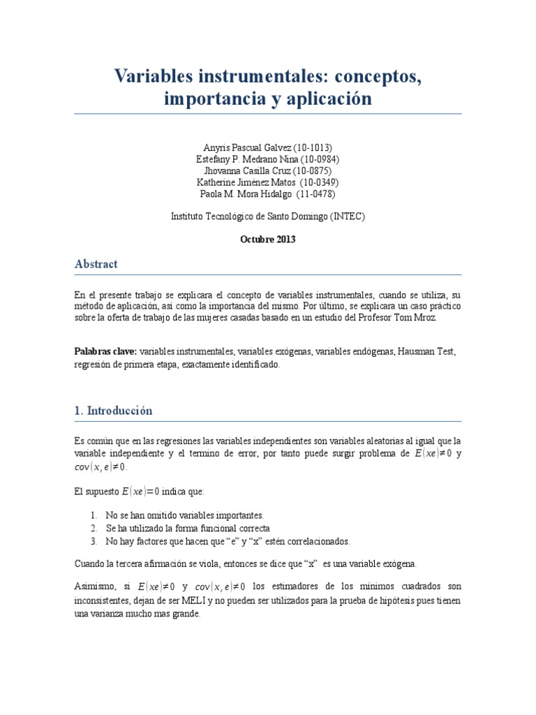 Trabajo Escrito de Variables Instrumentales | PDF | Mínimos cuadrados ...