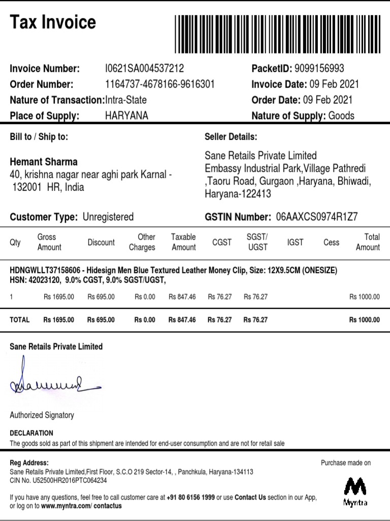 Tax Invoice for Sane Retails Pvt Ltd | PDF | Policy | Public Finance