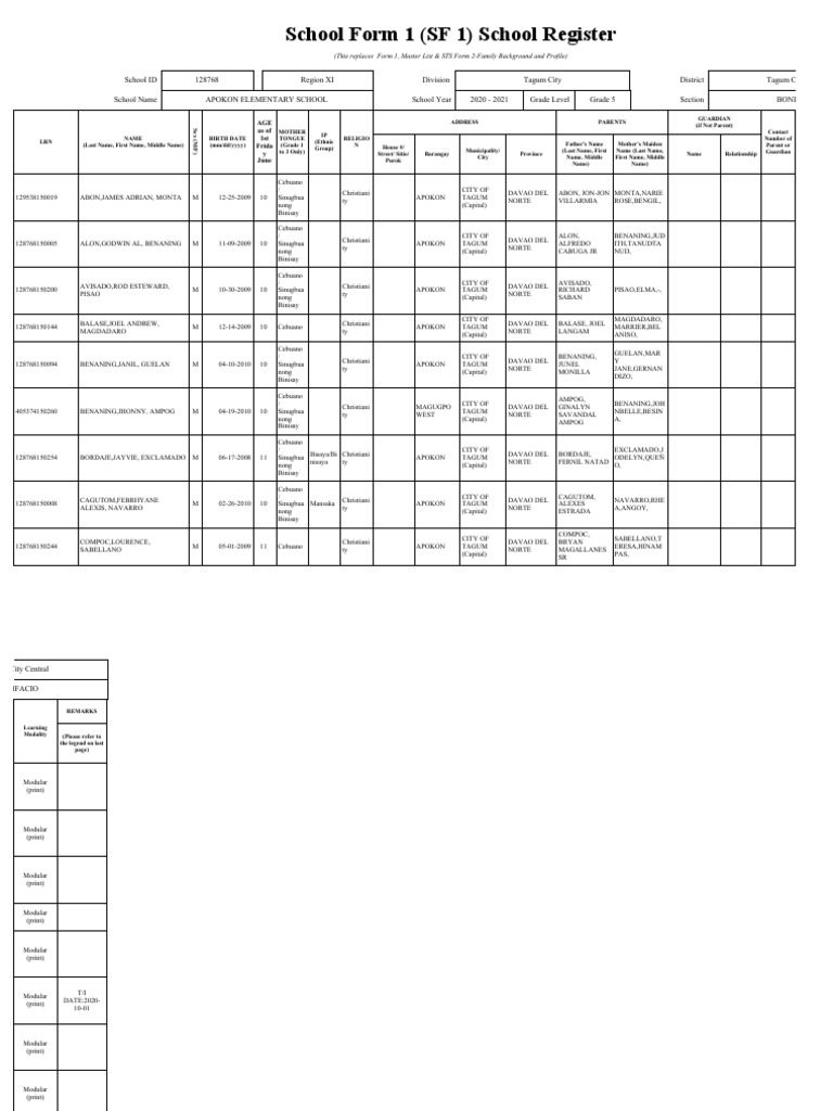 Grade 5 School Register 2020-2021 | PDF