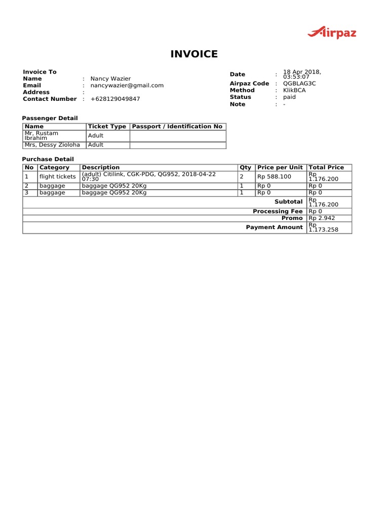 Airpaz Invoice for Flight QG952 | PDF