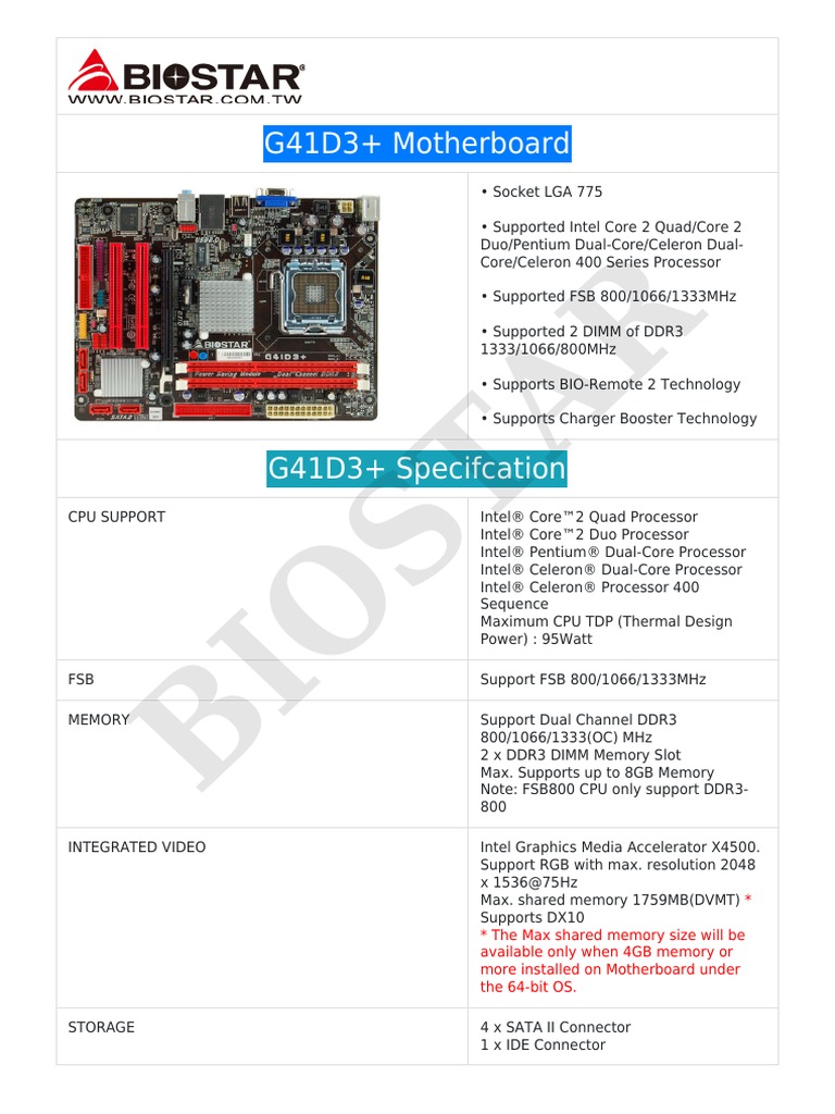 Biostar G41D3+ Spec | PDF | Computer Architecture | Personal Computing