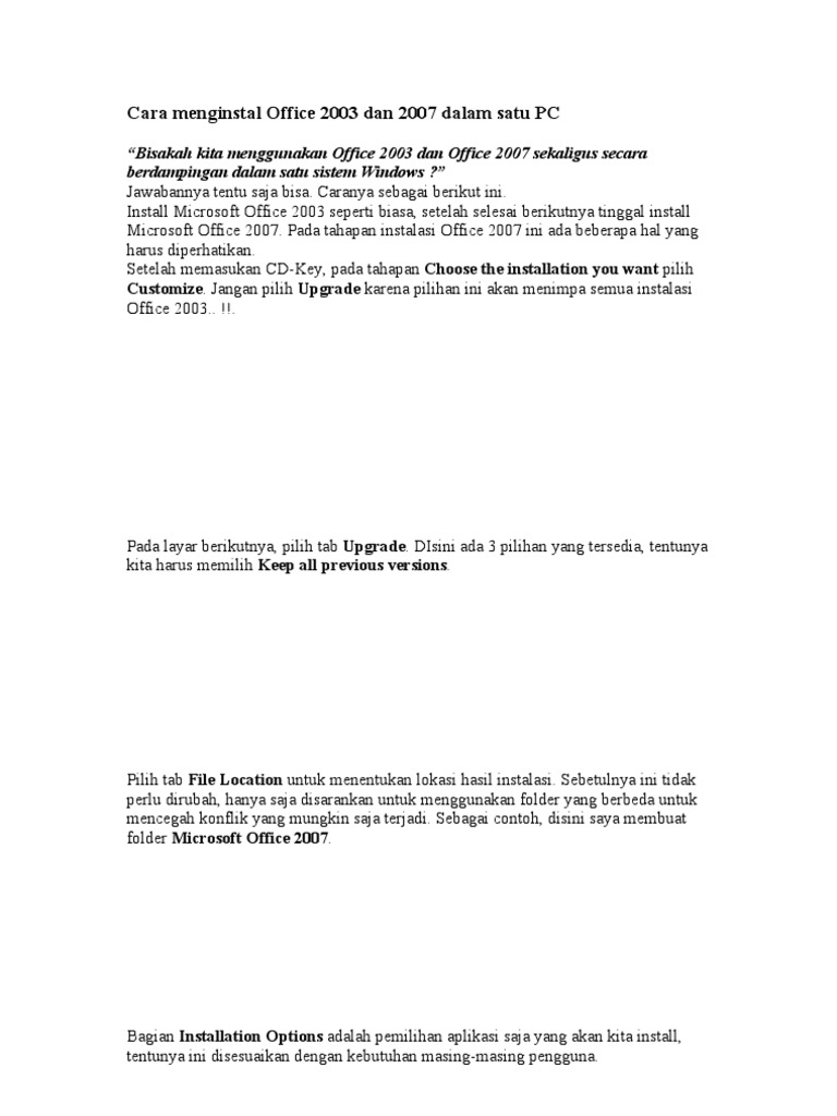 Cara Menginstal Office 2003 Dan 2007 Dalam Satu PC | PDF