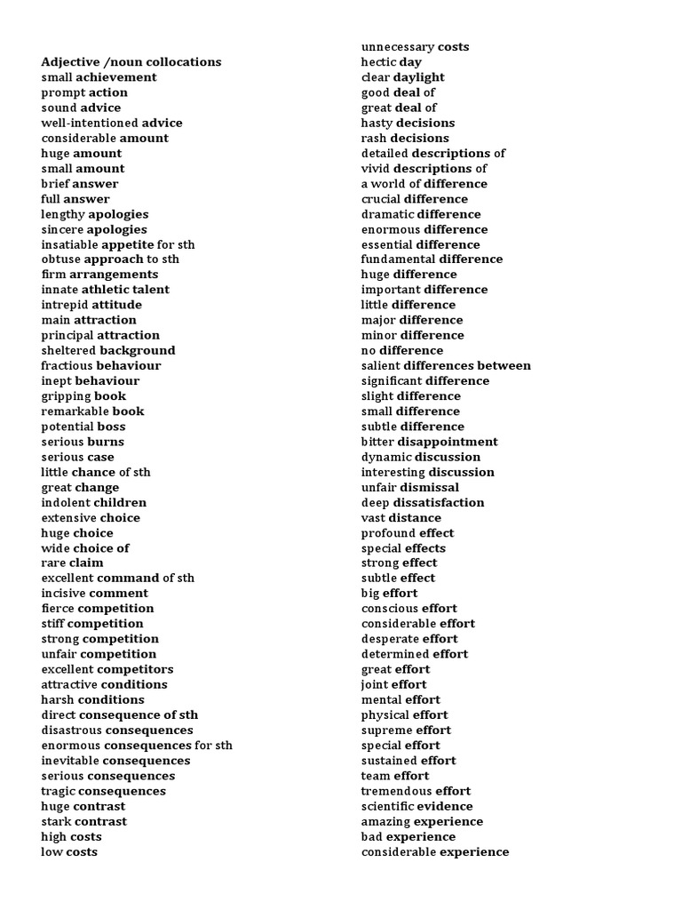 CPE Adjective Noun Collocations PDF Psychological Concepts Psychology