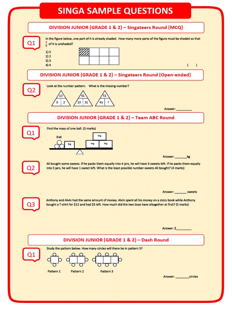 Grade 1 Singa Math Sample Questions | PDF