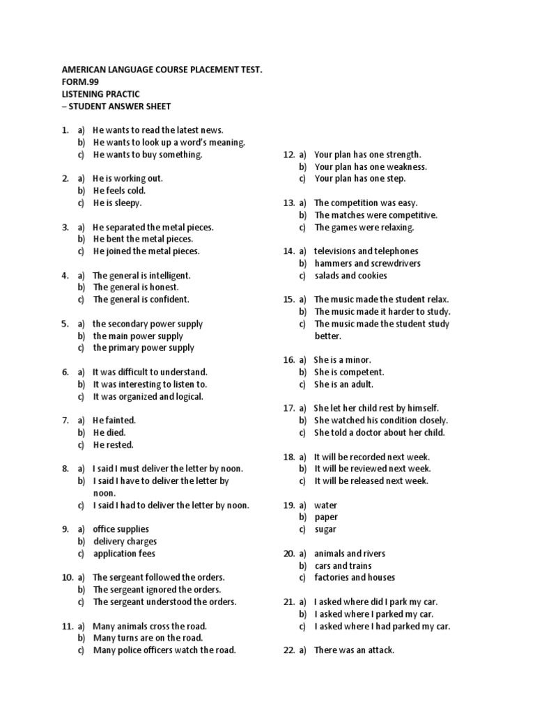 American Language Course Placement Test. FORM.99 Listening Practic