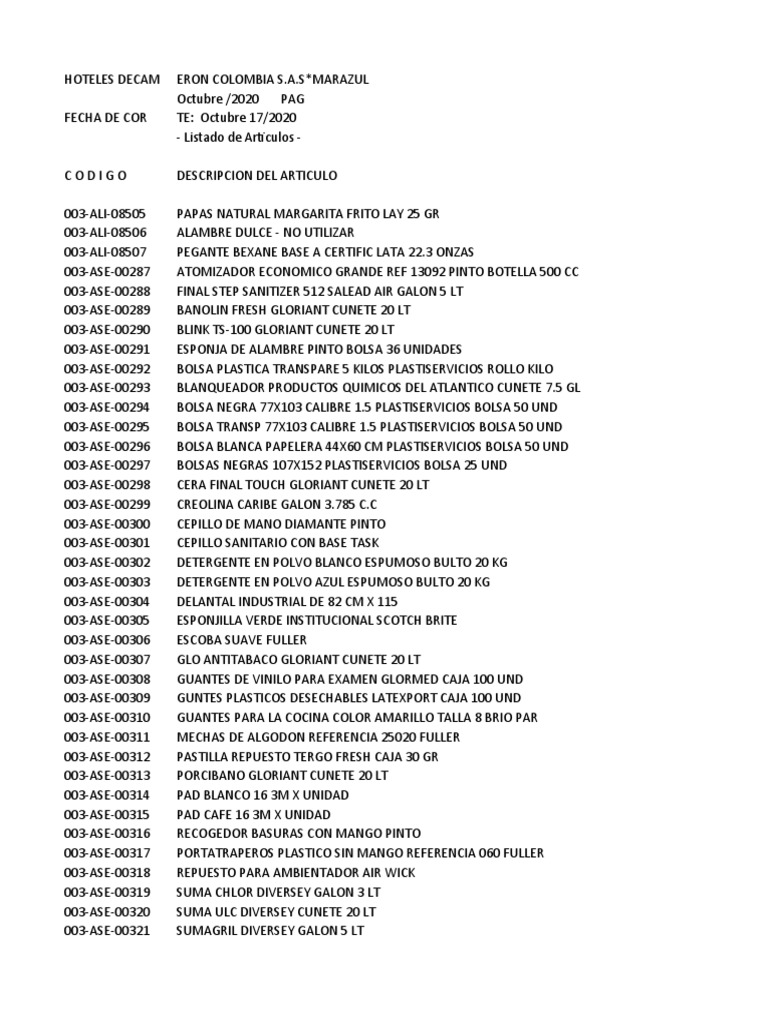 Codigos Opcio 30 | PDF | Productos de limpieza | Detergente