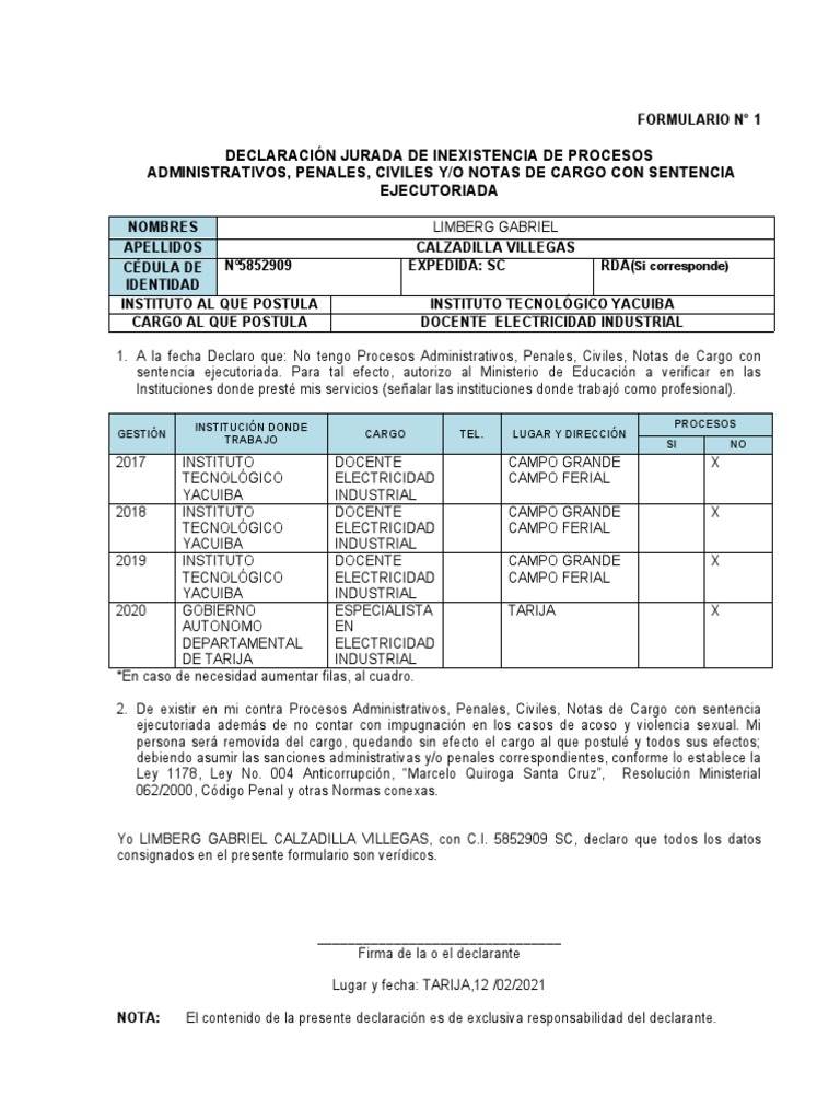 Formulario 1 Declaracion Jurada | PDF | Justicia | Crimen y violencia