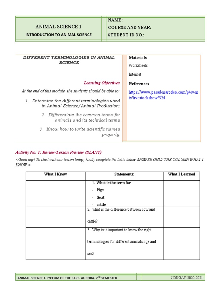 Module 2 COMMON TERMINOLOGIES IN ANIMAL SCIENCE PDF Sheep Chicken