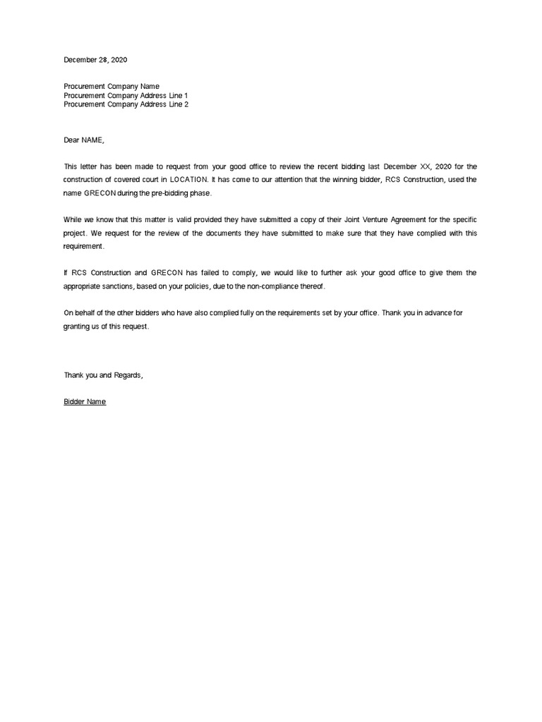 Bid Disqualification Letter | PDF
